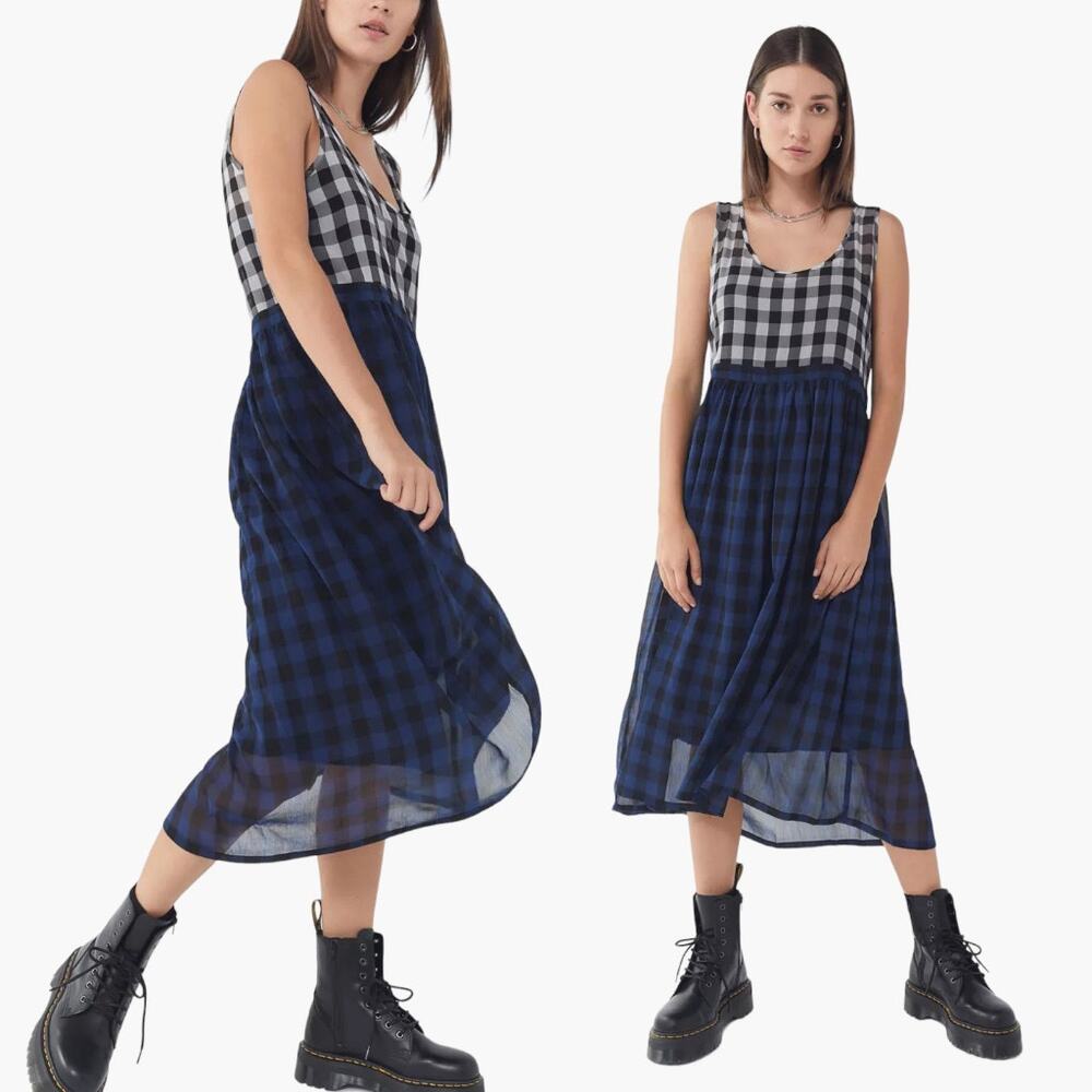 UO Long Flowy Sheer Plaid Pleated Midi Maxi Slip Tank Dress, XS (MSRP $69)